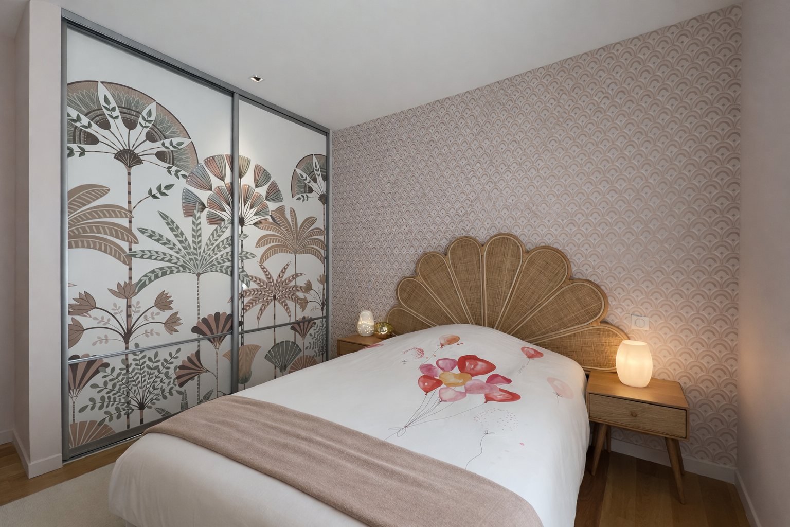 Chambre de fille style Gatsby avec décoration rose et rotin à Angers